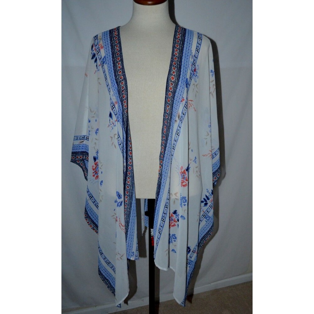 DR2 Ivory Blue Floral Borders Open Duster Kimono Cover Up Topper SZ S / M